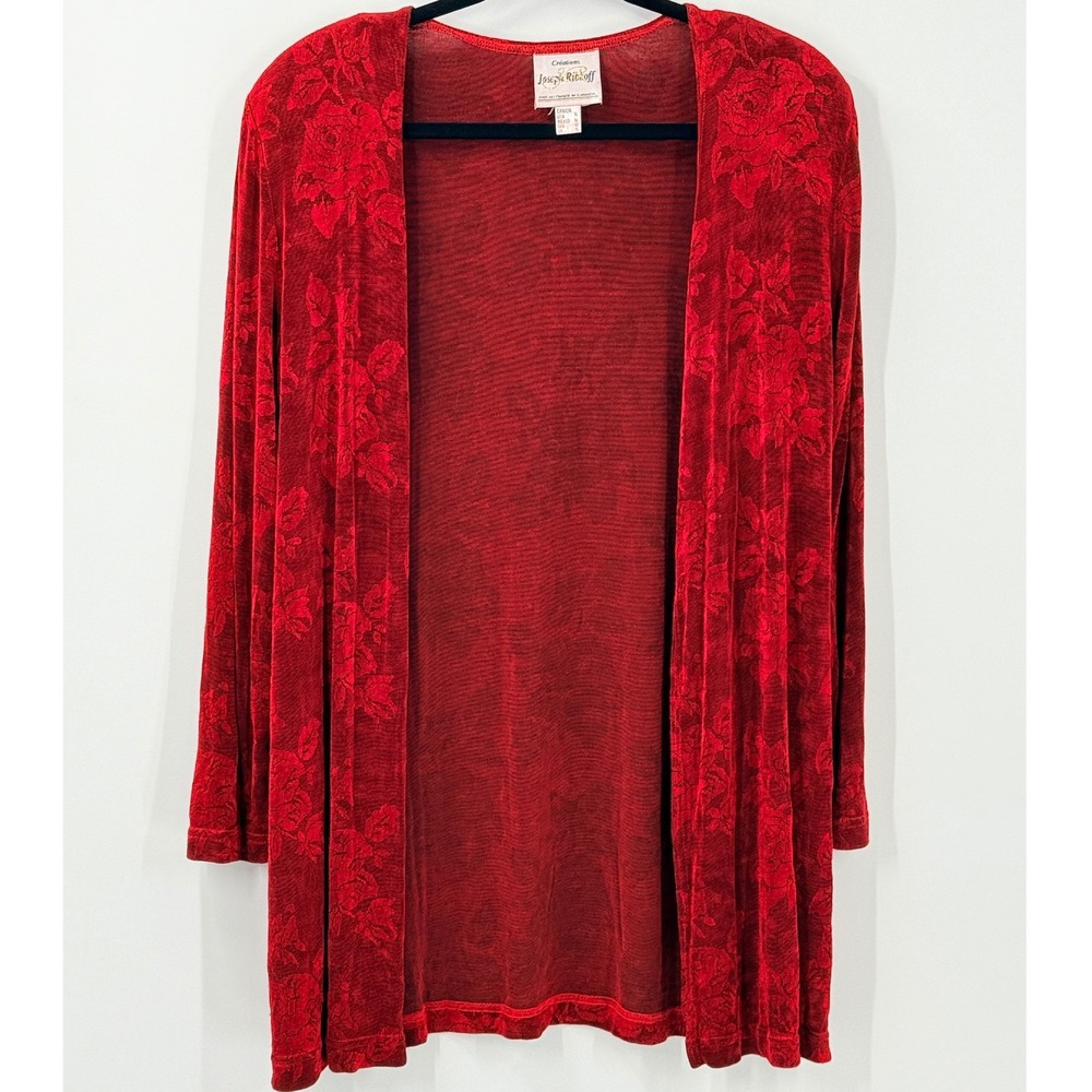 Joseph Ribkoff Red Slinky Floral Cardigan Womens sz 14 whimsigoth dark feminine